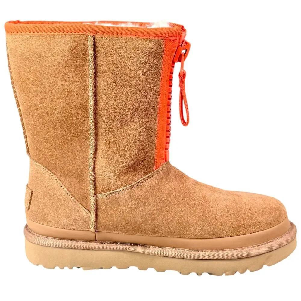 UGG Classic Short Zipper Tape Logo Boots Womens 5 Chestnut Sheepskin Winter